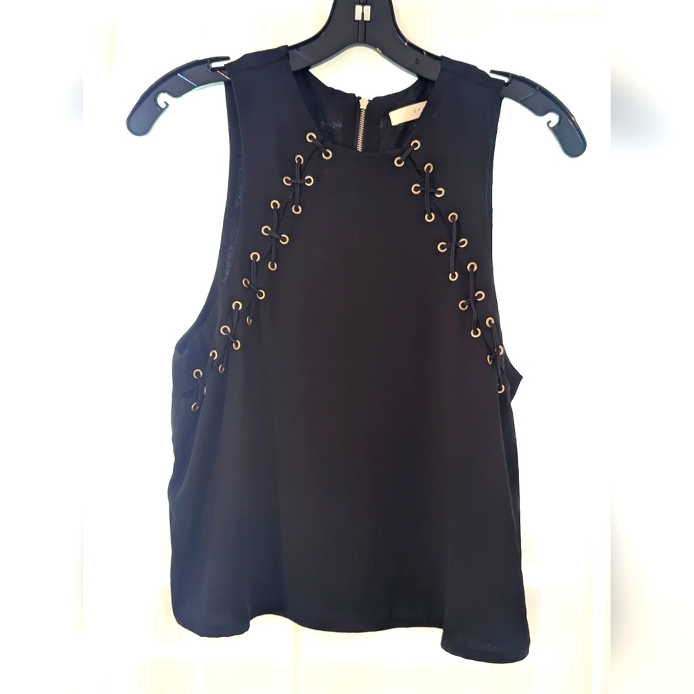 Lush Little Black Top with Sexy Metal and Tie Design, silky and sheer, Medium
